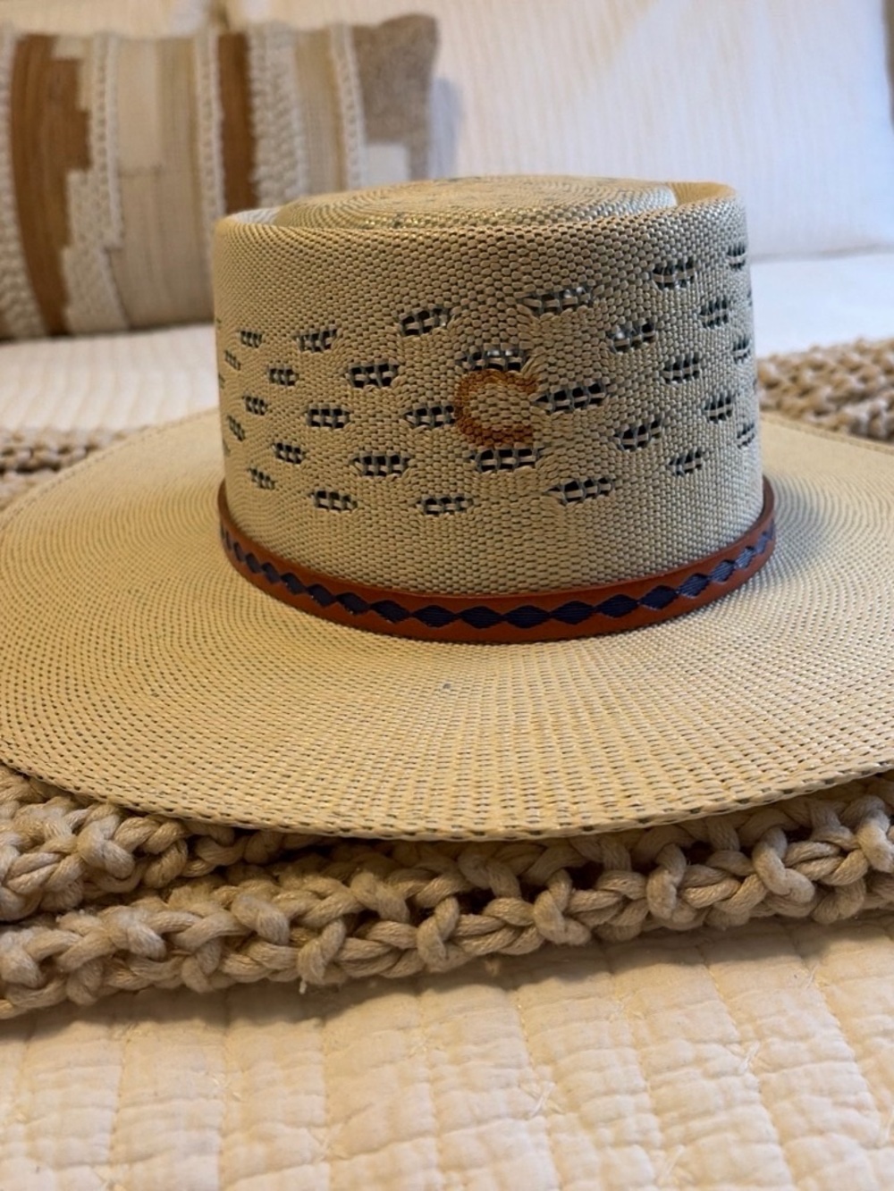 Classic Beige Straw Boater Hat with Brown Leather Band